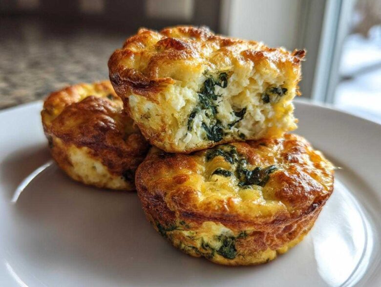 Three golden brown Cottage Cheese Egg Bites stacked on a white plate, one is cut open showing spinach filling.