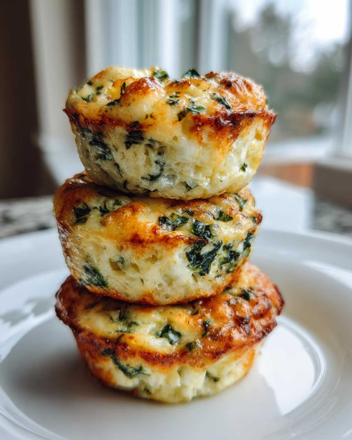 Three golden-brown Cottage Cheese Egg Bites stacked vertically on a white plate, showing visible spinach pieces.