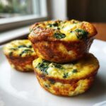 Three golden brown Cottage Cheese Egg Bites stacked on a white plate, featuring visible spinach pieces.