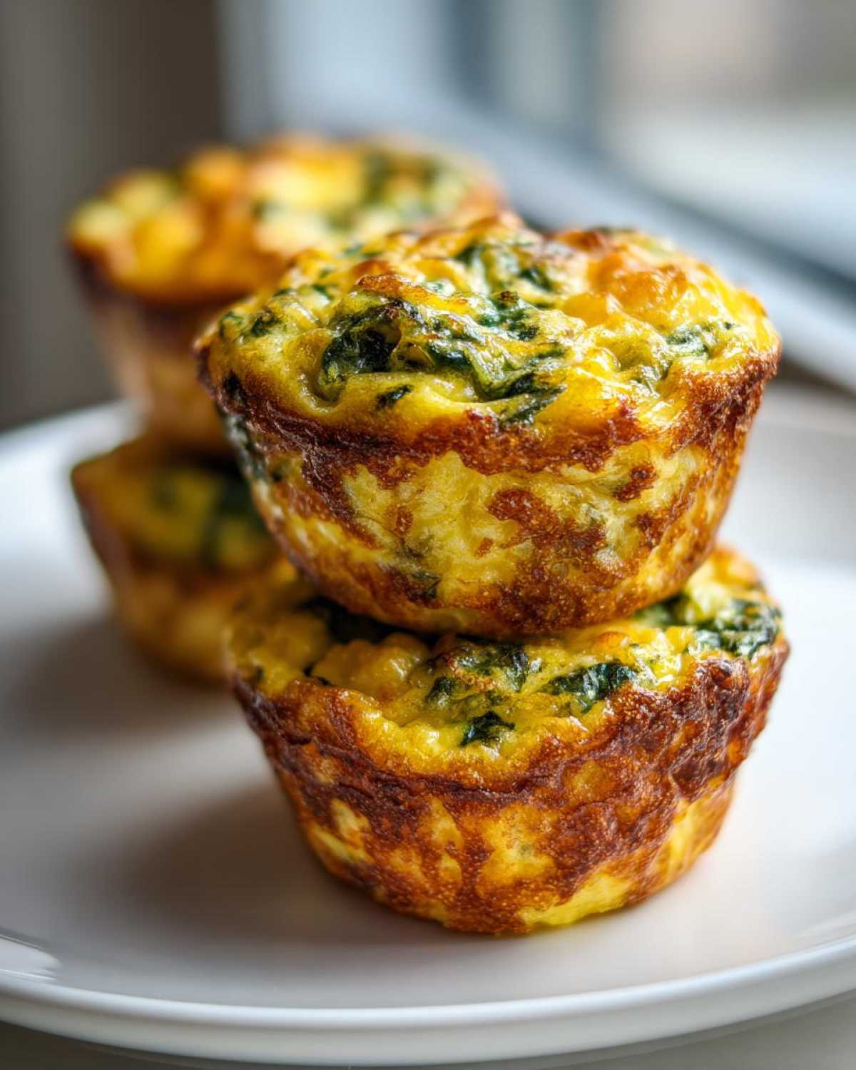 Two golden brown Cottage Cheese Egg Bites stacked on a white plate with more bites blurred in the background.