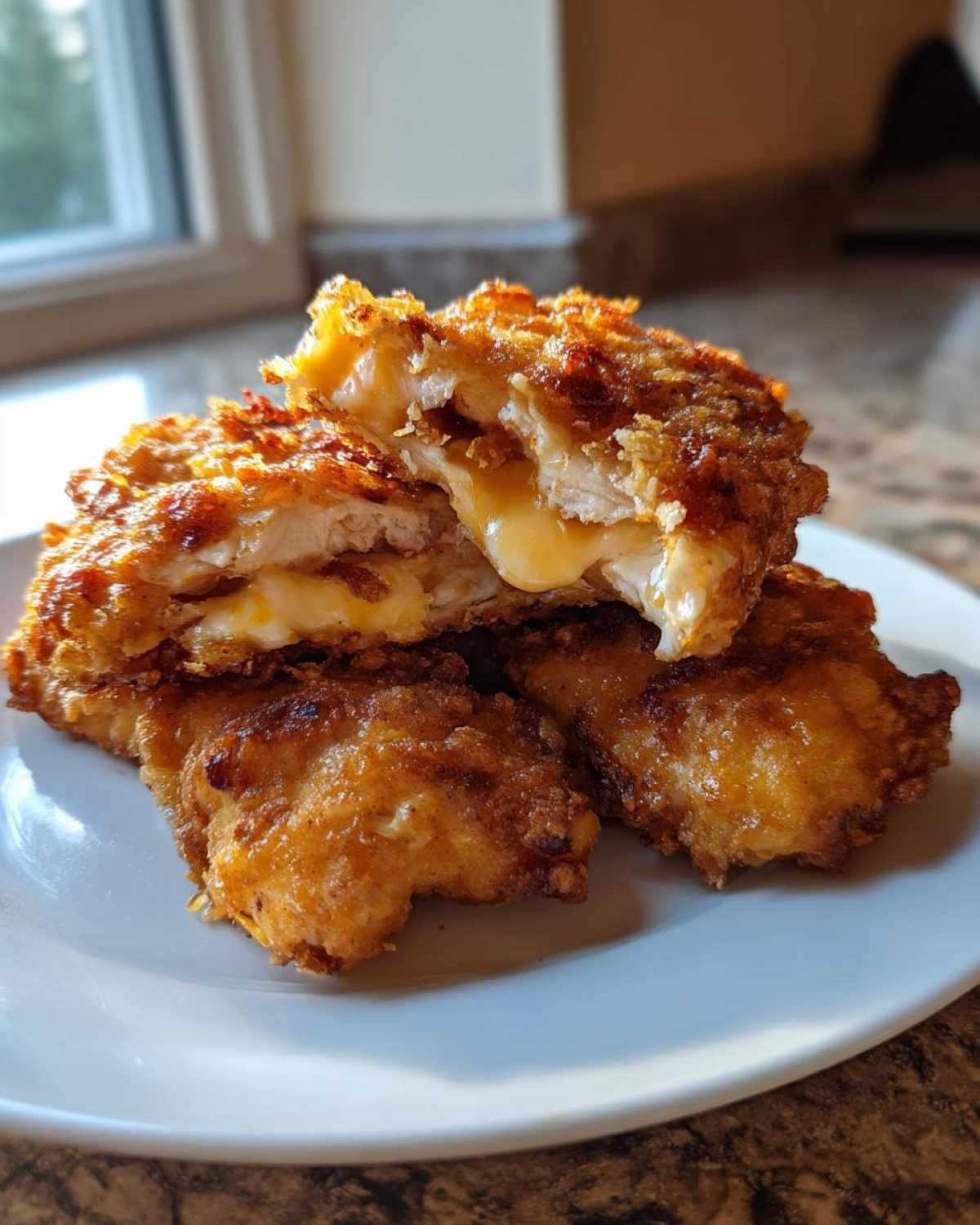 Close-up of golden brown Crack Chicken Tenders cut in half showing melted cheese oozing out.