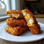 A stack of golden brown Crack Chicken Tenders, one broken open to show melted cream cheese and cheddar filling.
