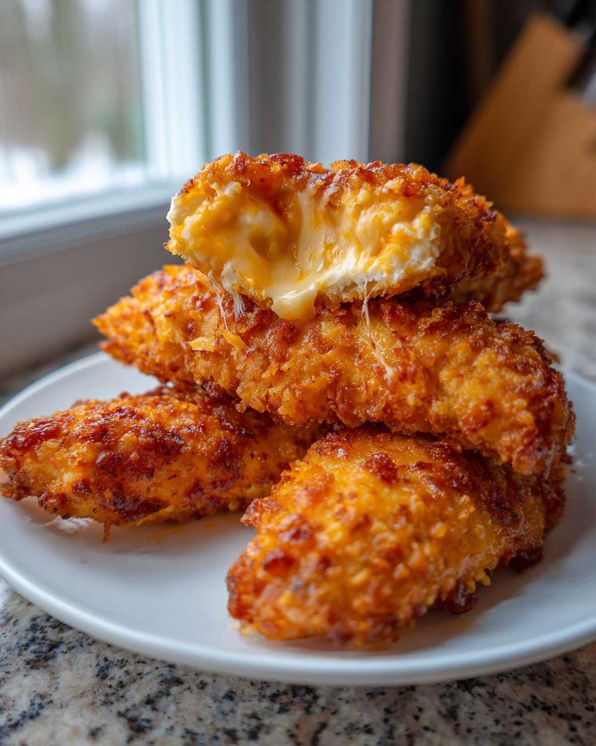 A stack of crispy, golden-brown Crack Chicken Tenders, with the top one broken open revealing melted, gooey cheese.