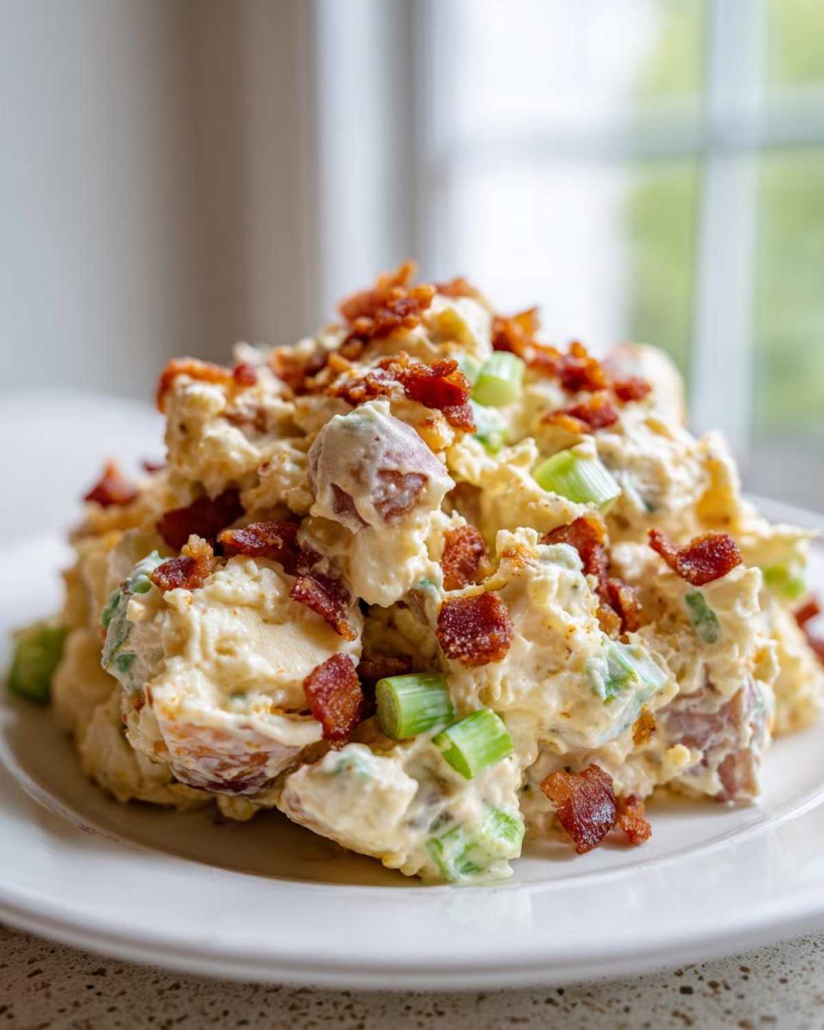A mound of creamy Baked Potato Salad mixed with green onions and generously topped with crispy bacon pieces.