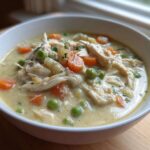 Close-up of a hearty bowl of creamy Chicken Pot Pie Soup, featuring shredded chicken, carrots, and peas.