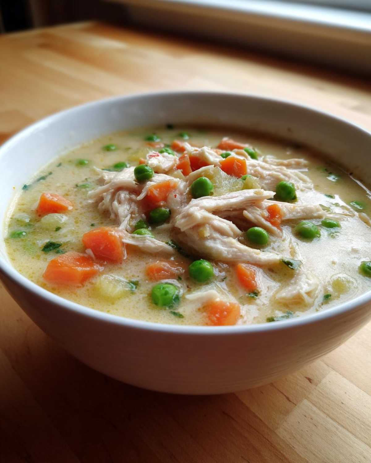 A close-up of creamy Chicken Pot Pie Soup featuring shredded chicken, bright orange carrots, and green peas in a white bowl.