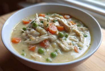 Close-up of a hearty bowl of creamy Chicken Pot Pie Soup, featuring shredded chicken, carrots, and peas.