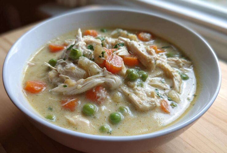 Close-up of a hearty bowl of creamy Chicken Pot Pie Soup, featuring shredded chicken, carrots, and peas.