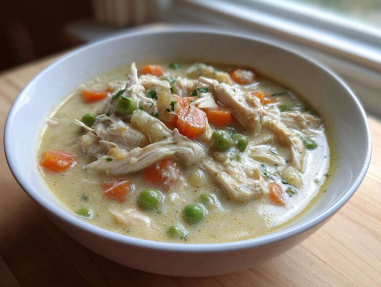 Close-up of a hearty bowl of creamy Chicken Pot Pie Soup, featuring shredded chicken, carrots, and peas.