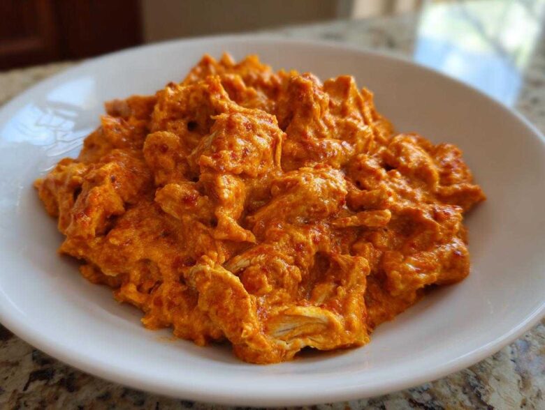 A close-up of shredded chicken coated in a thick, vibrant orange sauce, representing Creamy Crockpot Cajun Butter Chicken.