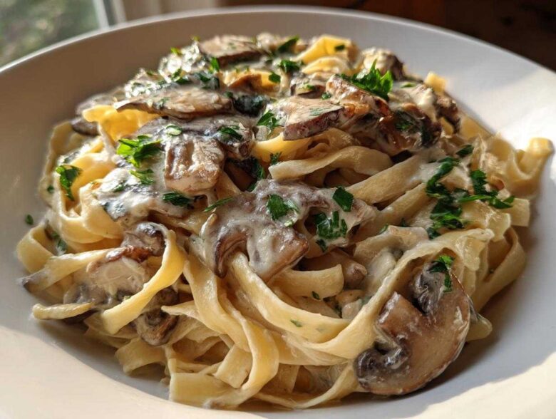 Close-up of rich Creamy Garlic Mushroom Pasta featuring fettuccine noodles, sliced mushrooms, and fresh parsley garnish.