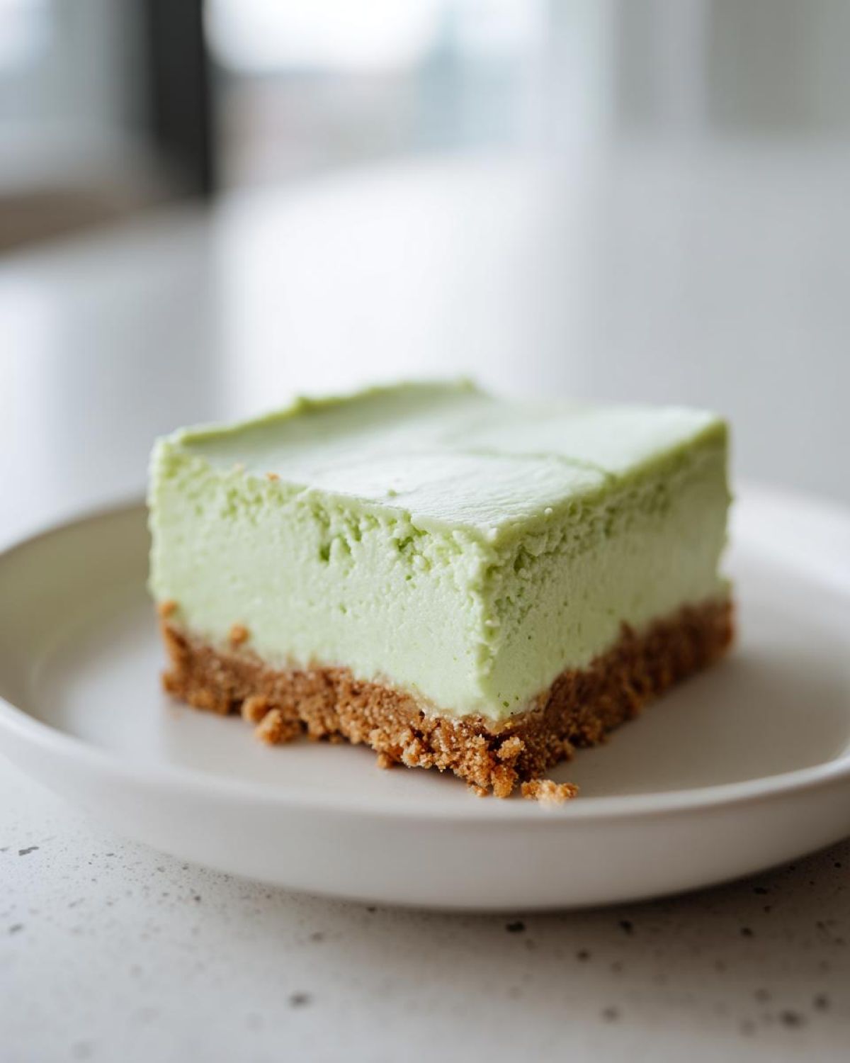 A single square serving of Creamy Key Lime Pie Bars with a thick graham cracker crust, sitting on a white plate.