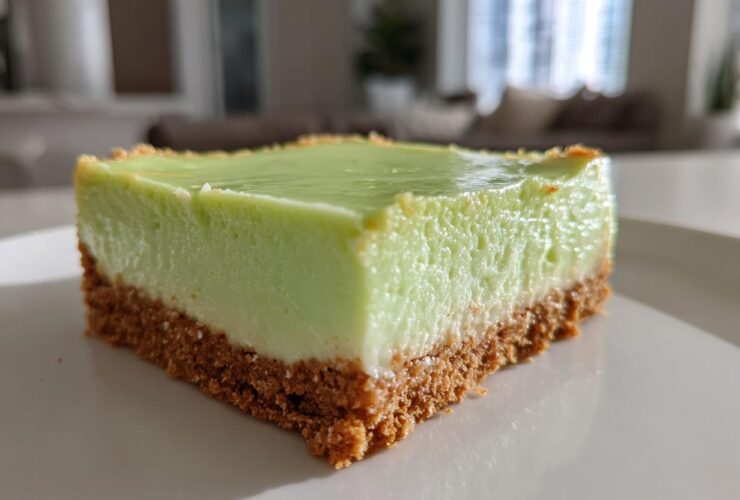 Close-up of a perfectly cut square of Creamy Key Lime Pie Bars showing a thick graham cracker crust and bright green filling.