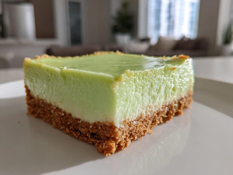 Close-up of a perfectly cut square of Creamy Key Lime Pie Bars showing a thick graham cracker crust and bright green filling.