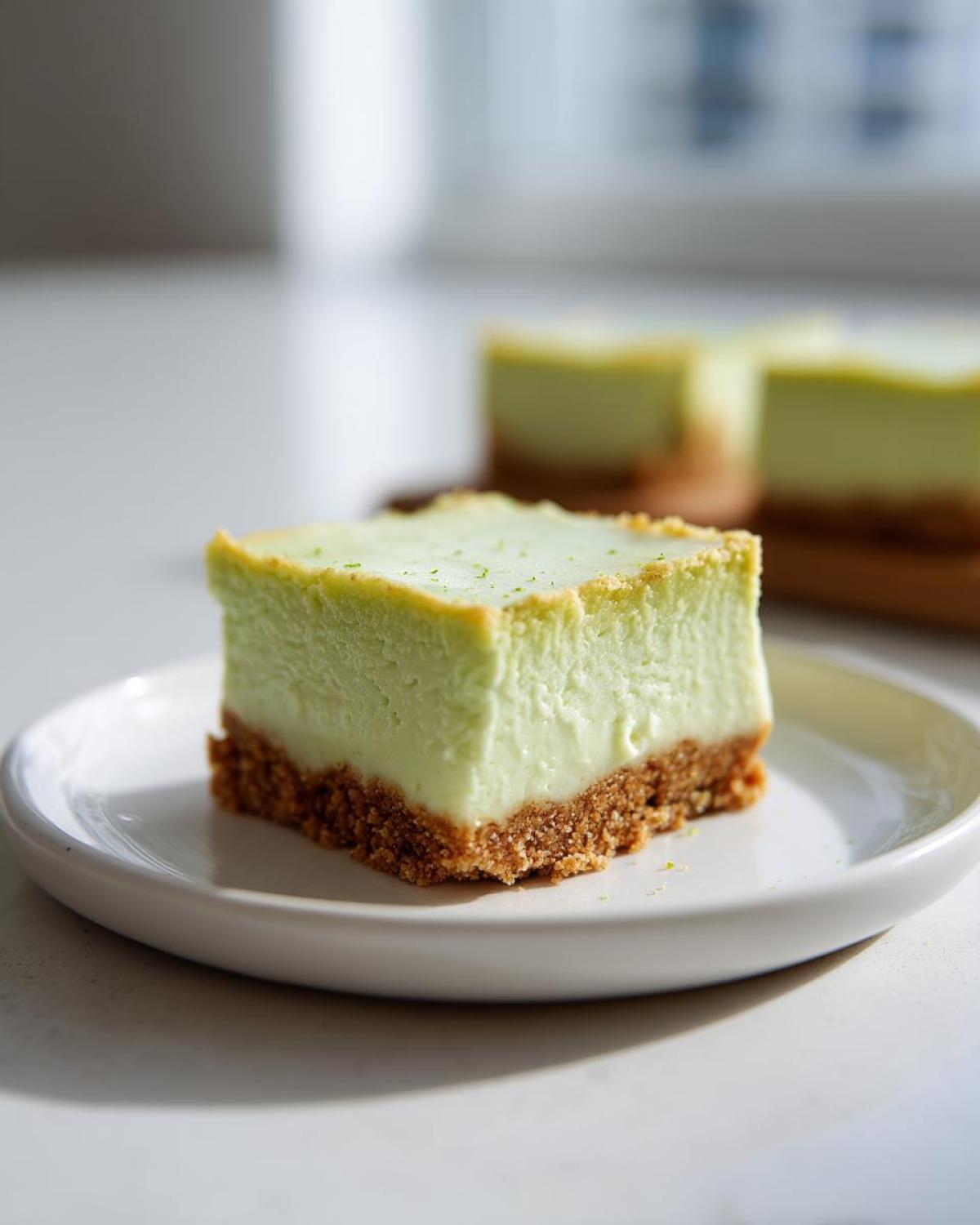 A single square of Creamy Key Lime Pie Bars featuring a thick, light green filling and a graham cracker crust, served on a white plate.