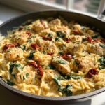 Close-up of creamy Marry Me Chicken Orzo dish with chunks of chicken, spinach, and sun-dried tomatoes in a skillet.