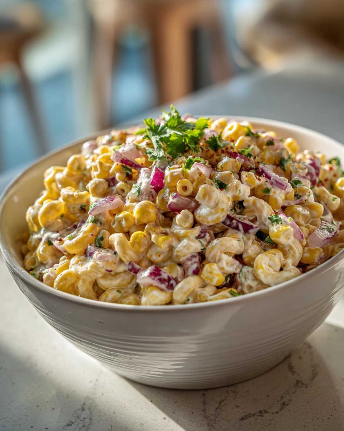 A creamy Mexican Street Corn Pasta Salad featuring elbow macaroni, corn, and red onion, topped with cilantro.
