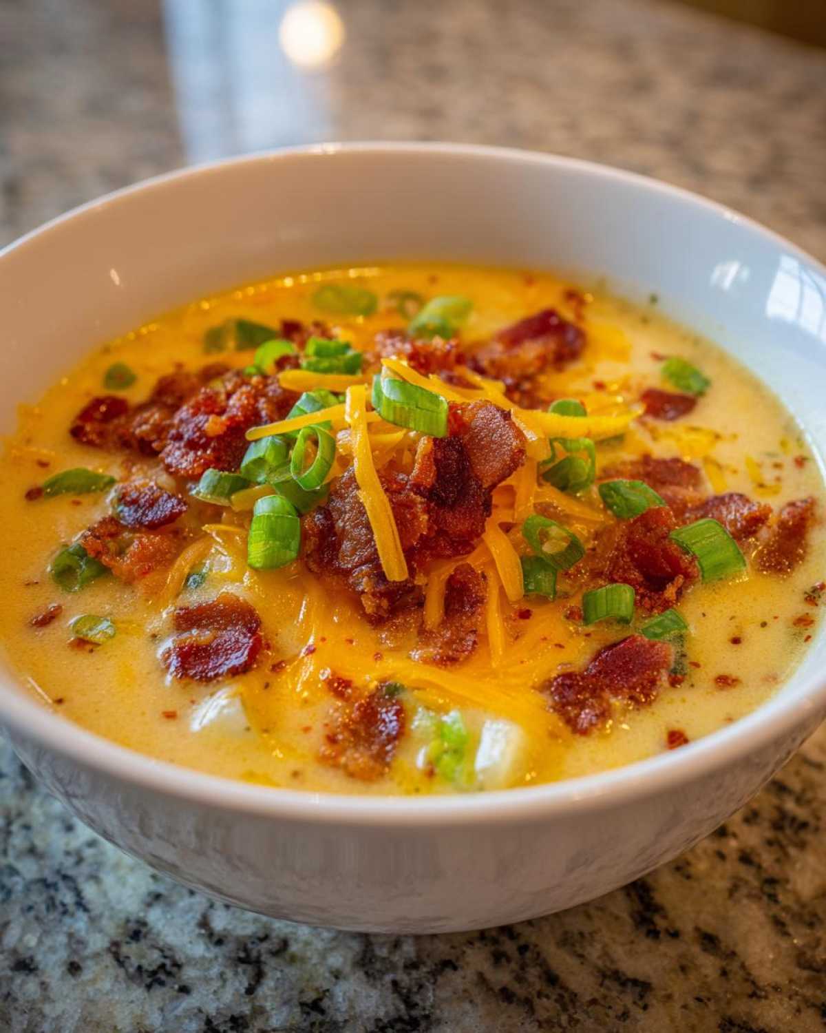 Close-up of a creamy bowl of Potato Soup topped generously with shredded cheese, bacon bits, and green onions.