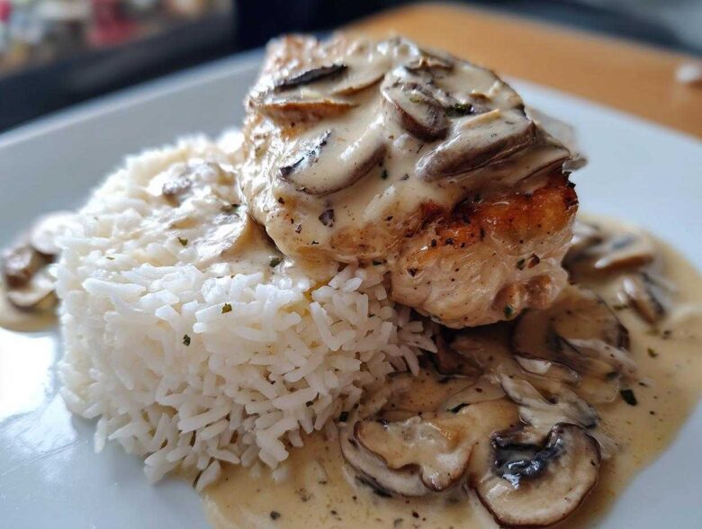 A close-up of a perfectly cooked piece of Creamy Smothered Chicken and Rice, topped with mushroom sauce.