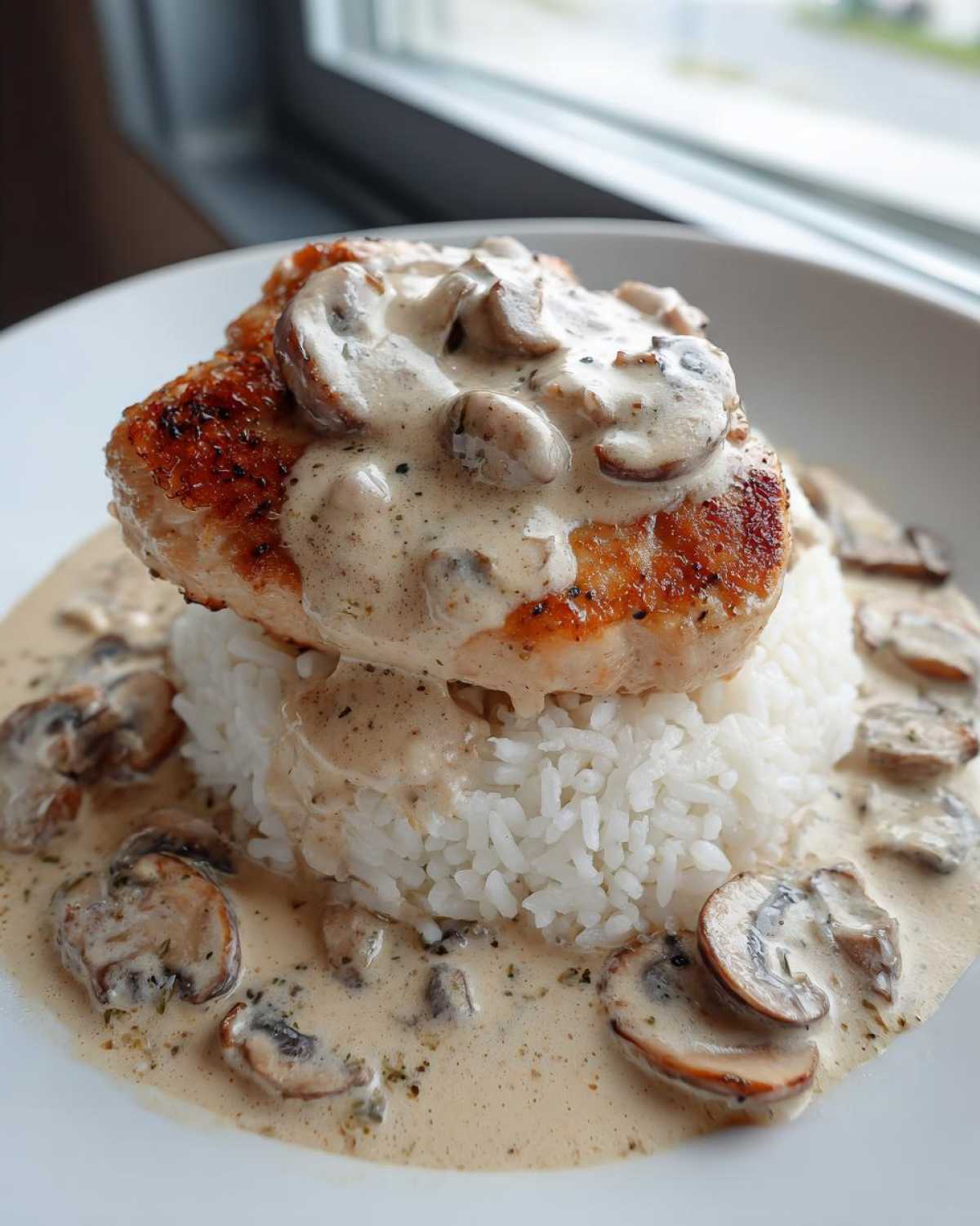 A perfectly seared chicken breast served over white rice, generously covered in creamy mushroom sauce for Creamy Smothered Chicken and Rice.