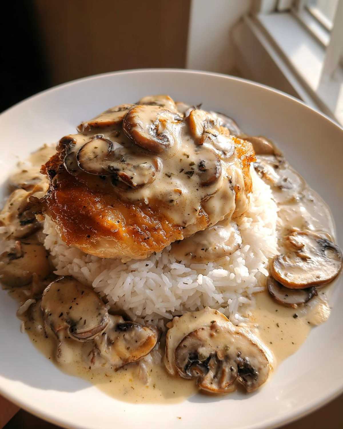 A perfectly cooked piece of Creamy Smothered Chicken and Rice topped with rich mushroom gravy.