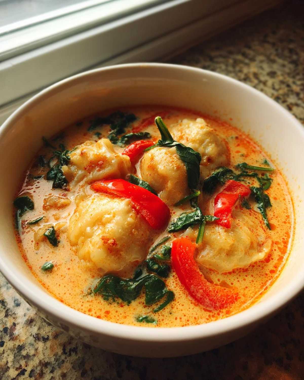 Close-up of Creamy Thai Red Curry Dumpling Soup with dumplings, spinach, and red pepper slices.