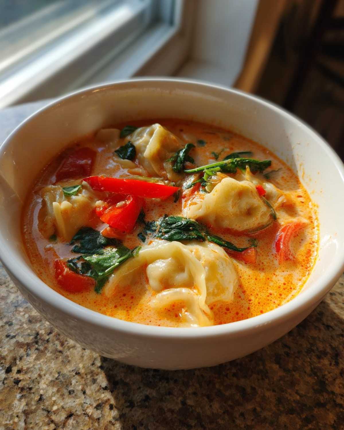 A white bowl filled with rich, orange Creamy Thai Red Curry Dumpling Soup, featuring dumplings, red peppers, and spinach.