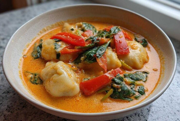 Close-up of Creamy Thai Red Curry Dumpling Soup featuring dumplings, spinach, and red peppers in a light-colored bowl.