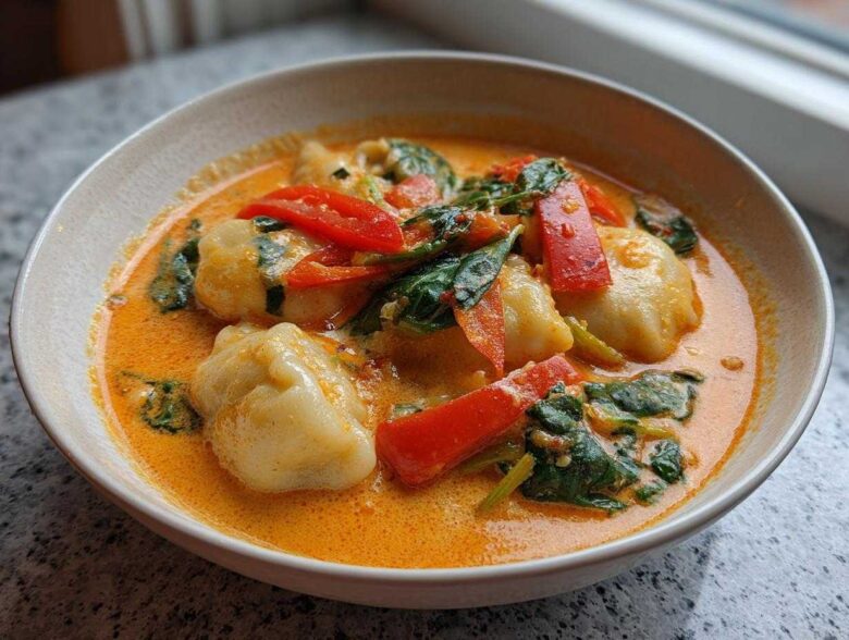 Close-up of Creamy Thai Red Curry Dumpling Soup featuring dumplings, spinach, and red peppers in a light-colored bowl.