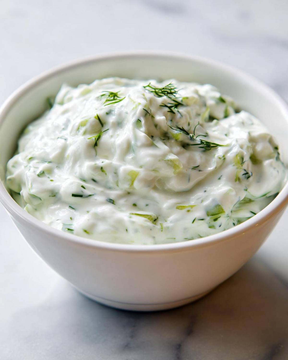 A close-up of thick, creamy Tzatziki Sauce mixed with shredded cucumber and topped with fresh dill.