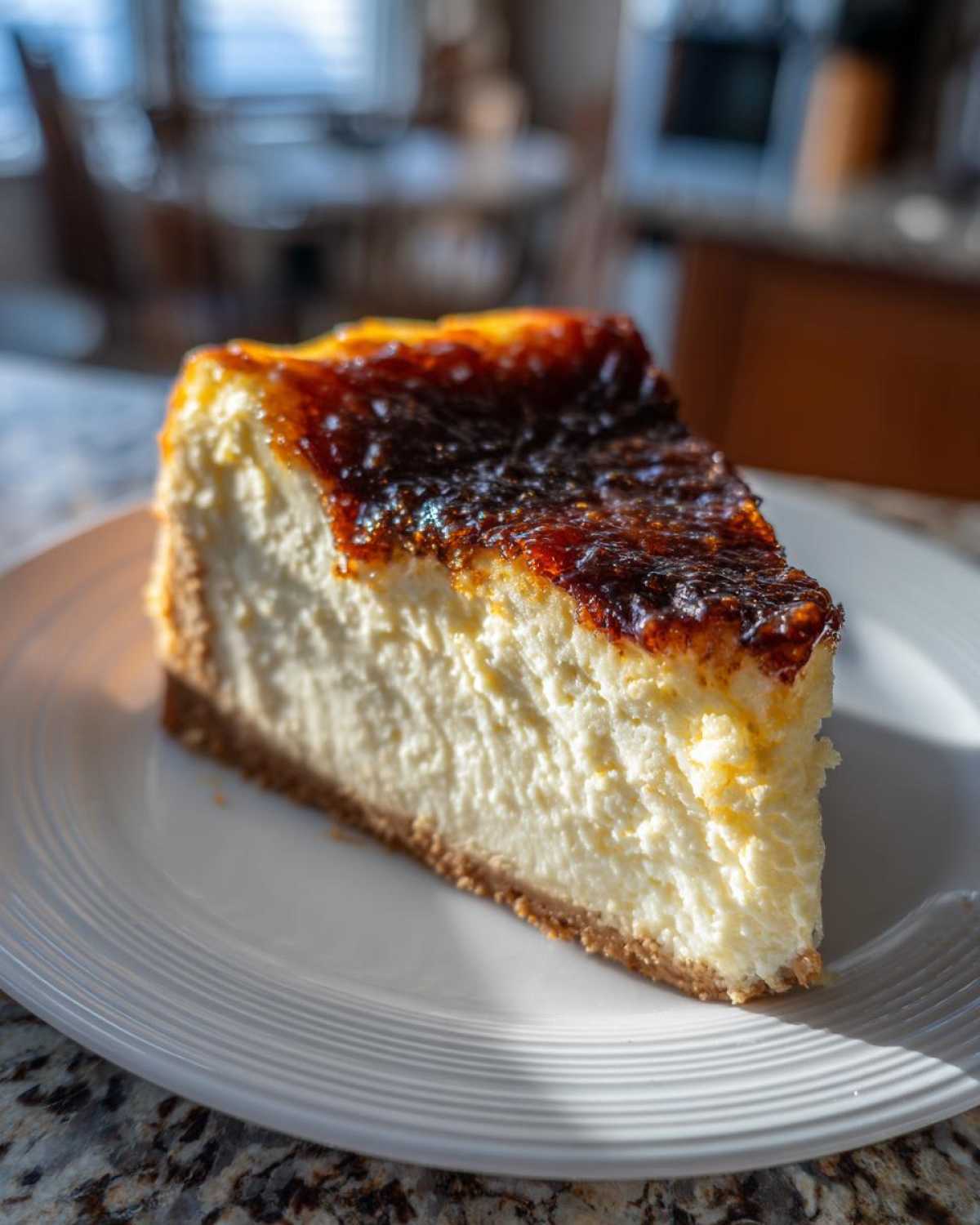 A close-up of a rich slice of Creme Brulee Cheesecake with a caramelized top, sitting on a white plate.