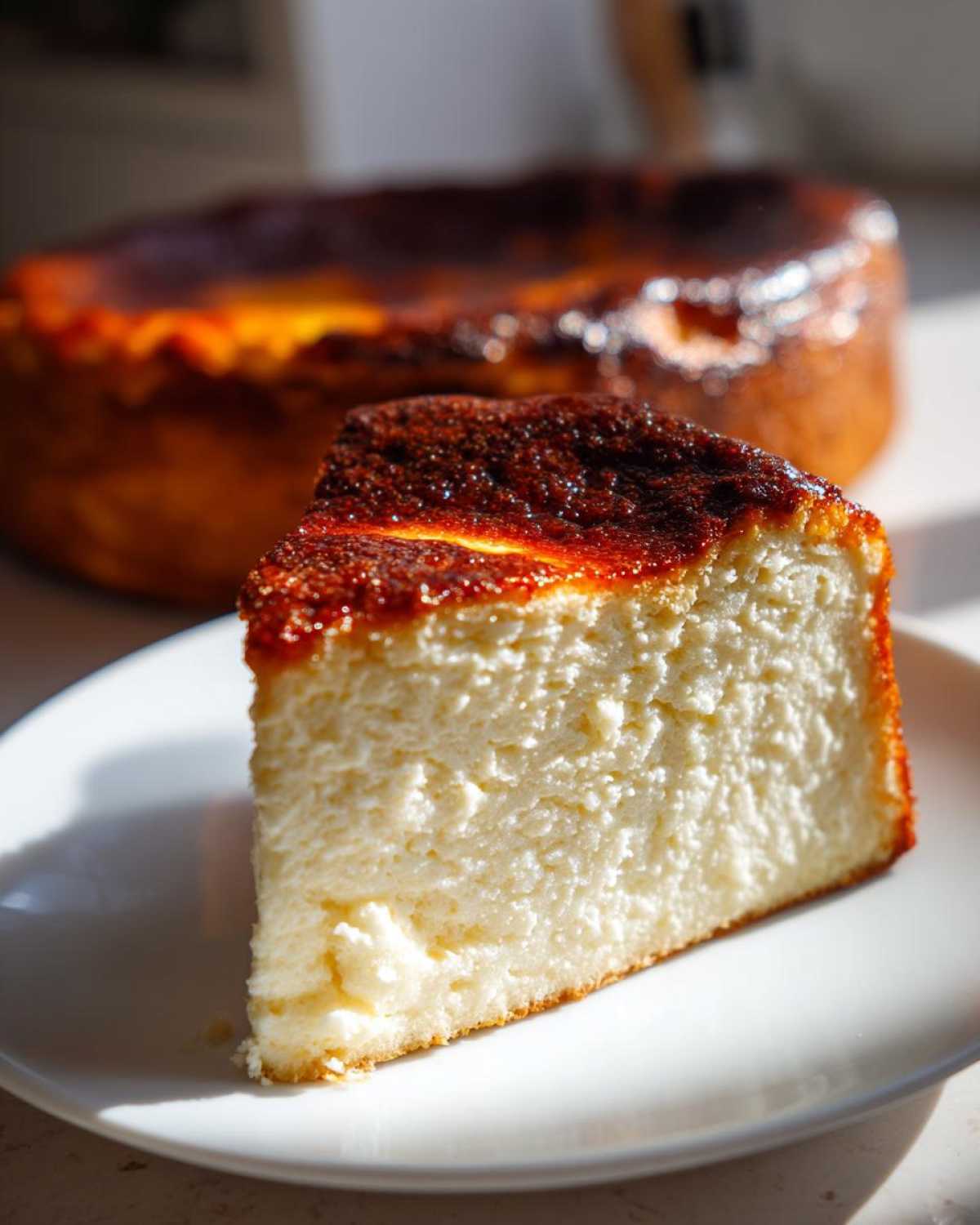 A thick slice of creamy Creme Brulee Cheesecake with a deeply caramelized, dark top, resting on a white plate.