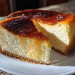 A slice of rich Creme Brulee Cheesecake with a caramelized sugar top next to the main cake on a white plate.
