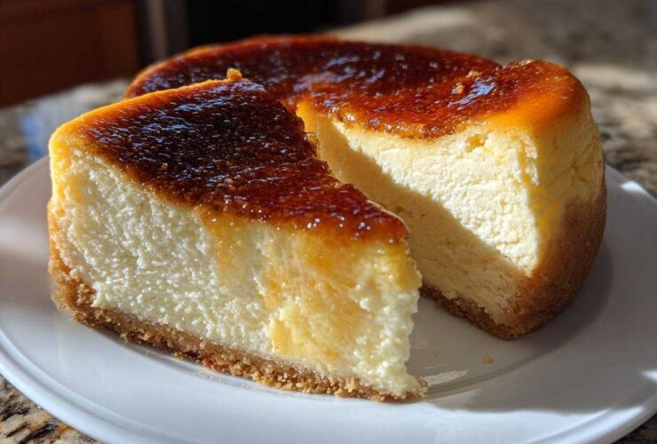 A slice of rich Creme Brulee Cheesecake with a caramelized sugar top next to the main cake on a white plate.
