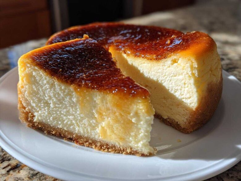 A slice of rich Creme Brulee Cheesecake with a caramelized sugar top next to the main cake on a white plate.