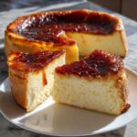 Two slices of rich and creamy Creme Brulee Cheesecake with a dark, caramelized sugar top.