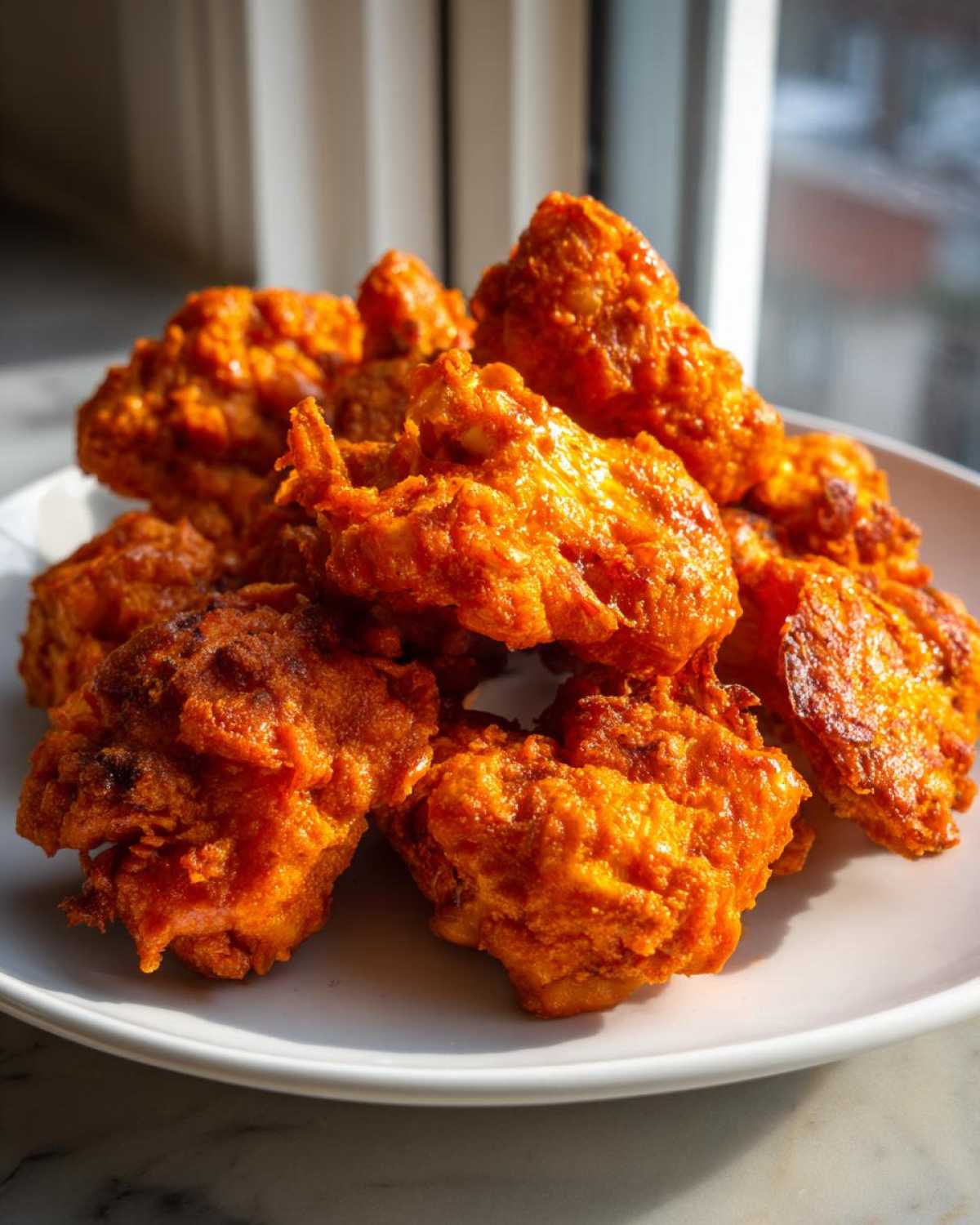 A close-up stack of vibrant orange, crispy air fryer buffalo cauliflower wings piled high on a white plate.