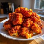 A mound of golden-orange, crispy Air Fryer Buffalo Cauliflower Wings piled high on a white plate.