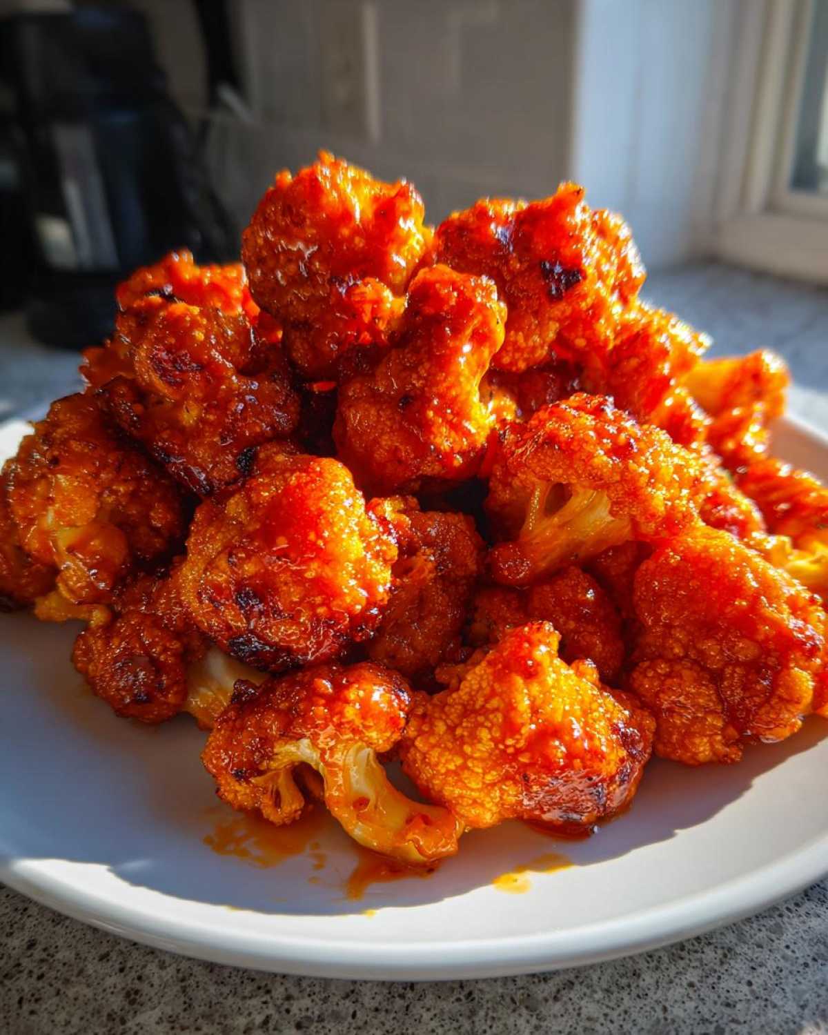 A mound of bright orange, saucy Crispy Air Fryer Buffalo Cauliflower Wings piled high on a white plate.