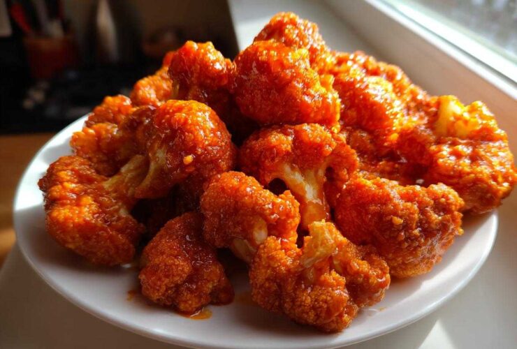 A mound of bright orange, saucy Crispy Air Fryer Buffalo Cauliflower Wings piled high on a white plate.
