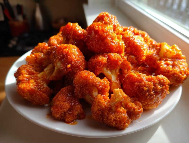 A mound of bright orange, saucy Crispy Air Fryer Buffalo Cauliflower Wings piled high on a white plate.