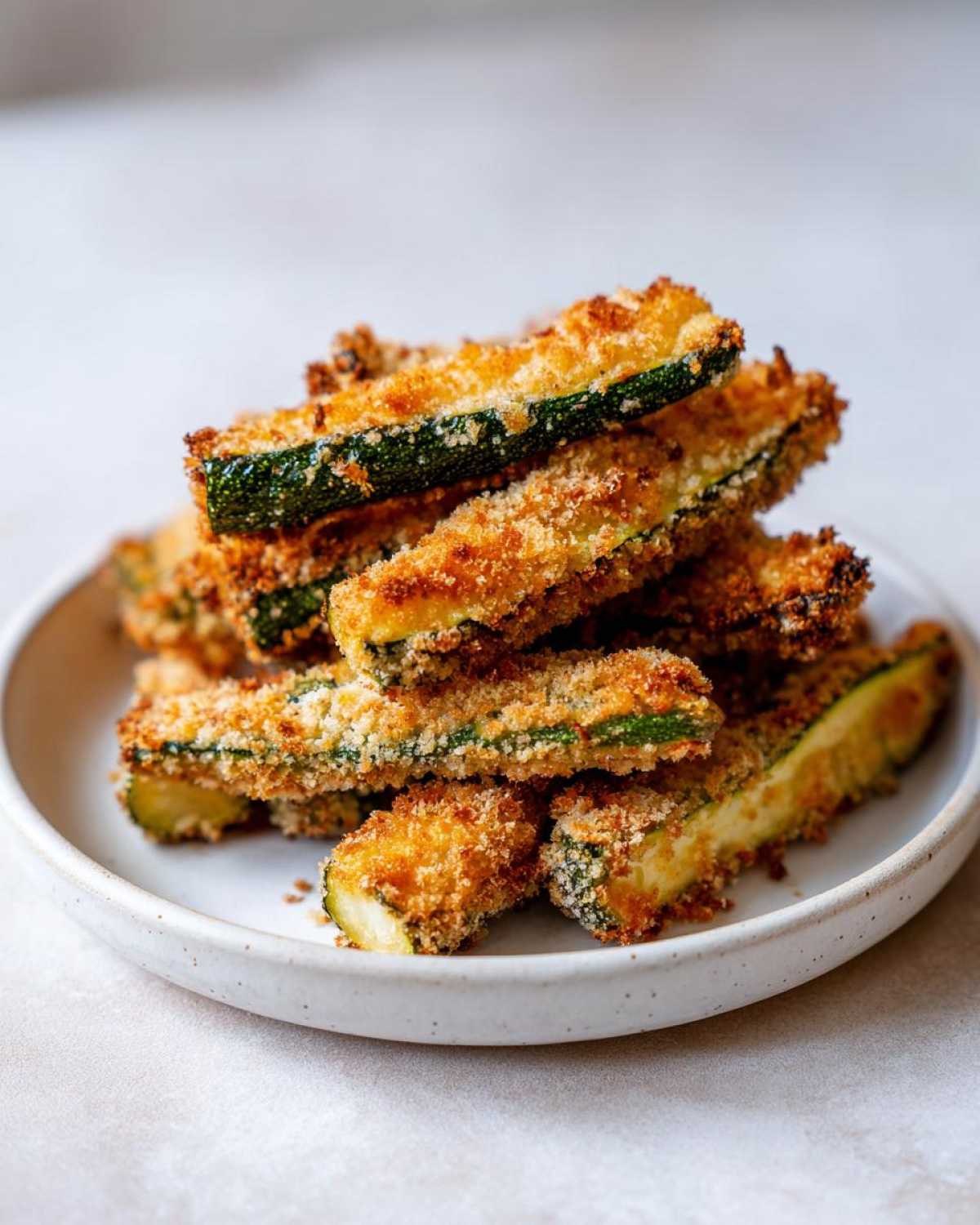 A stack of golden brown Crispy Baked Parmesan Zucchini sticks piled high on a speckled white plate.