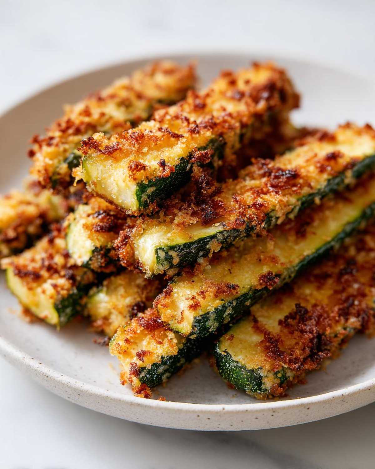 Close-up of golden brown Crispy Baked Parmesan Zucchini sticks piled on a light gray plate.