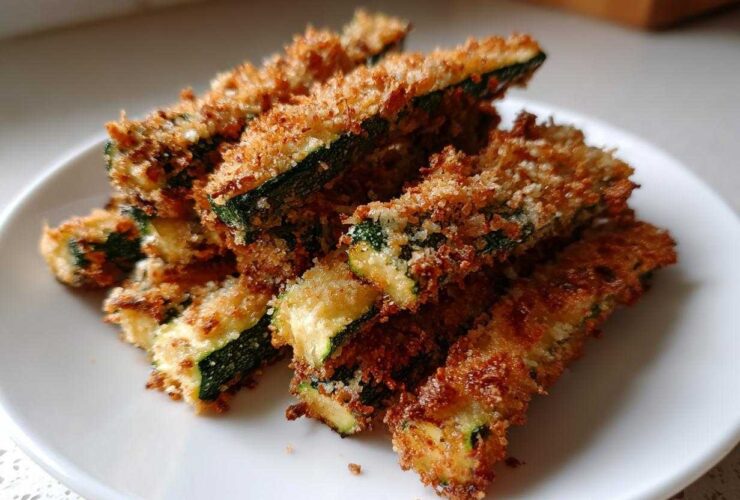 A close-up of a pile of golden brown Crispy Baked Parmesan Zucchini sticks on a white plate.