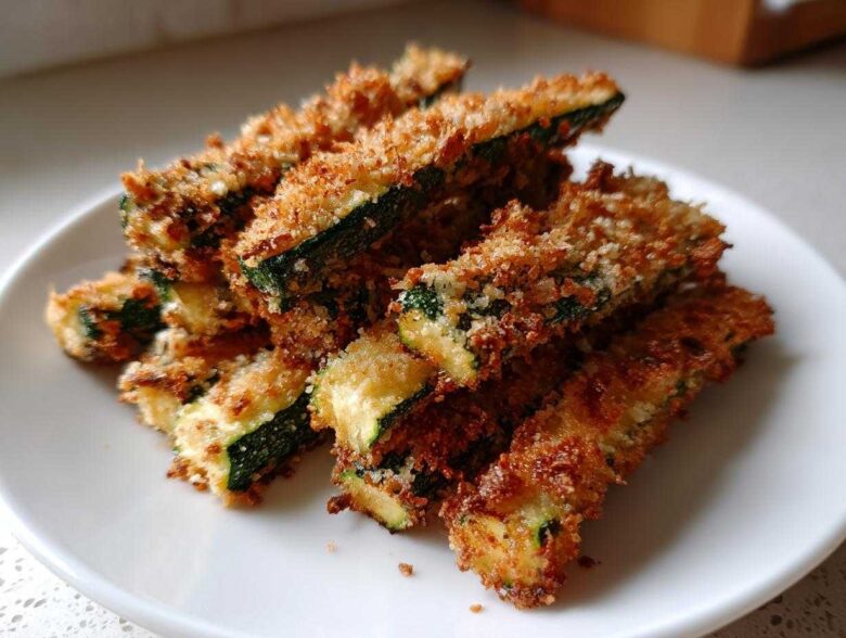 A close-up of a pile of golden brown Crispy Baked Parmesan Zucchini sticks on a white plate.