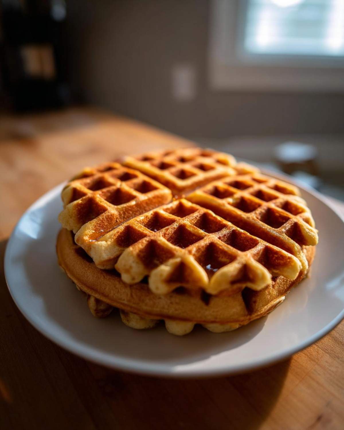 A stack of two golden brown Belgian Waffles with syrup pooling in the pockets, served on a white plate.