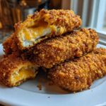 Close-up of crispy, golden-brown Crack Chicken Tenders stacked on a white plate, showing melted cheddar cheese oozing out of the cut pieces.