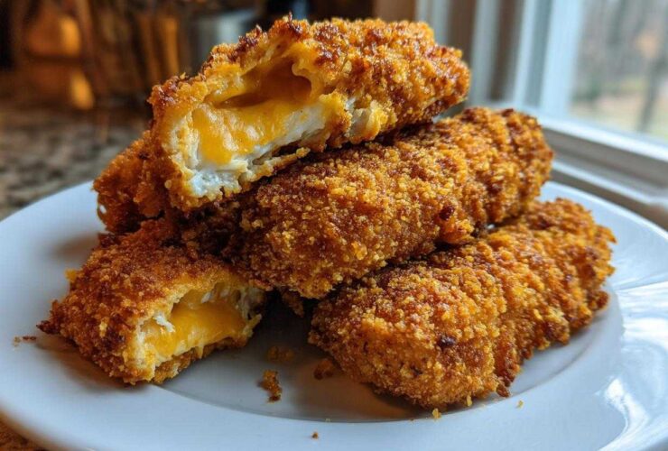Close-up of crispy, golden-brown Crack Chicken Tenders stacked on a white plate, showing melted cheddar cheese oozing out of the cut pieces.
