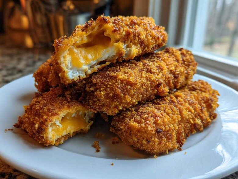Close-up of crispy, golden-brown Crack Chicken Tenders stacked on a white plate, showing melted cheddar cheese oozing out of the cut pieces.