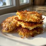 A stack of three golden-brown, crispy German Potato Pancakes piled on a white plate near a window.